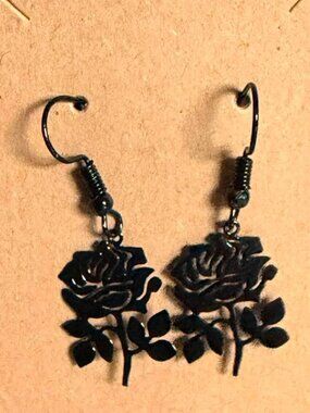 Black Rose Dangle Earrings Gothic Floral Lightweight Statement Jewelry